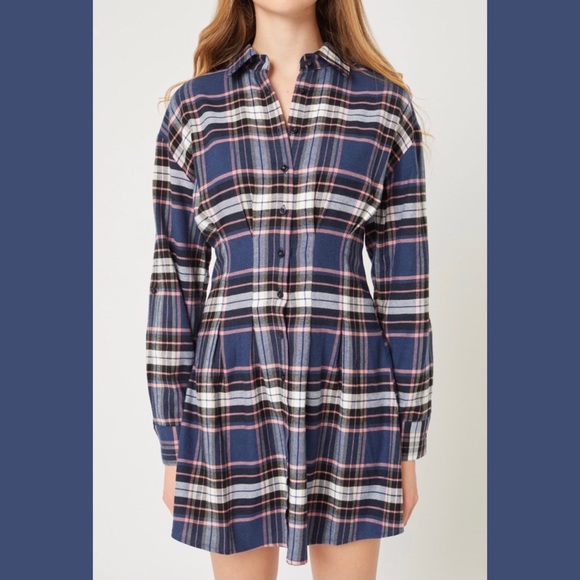 Plaid Long Sleeve Button Down Mini Dress in Blue - Picture 4 of 14